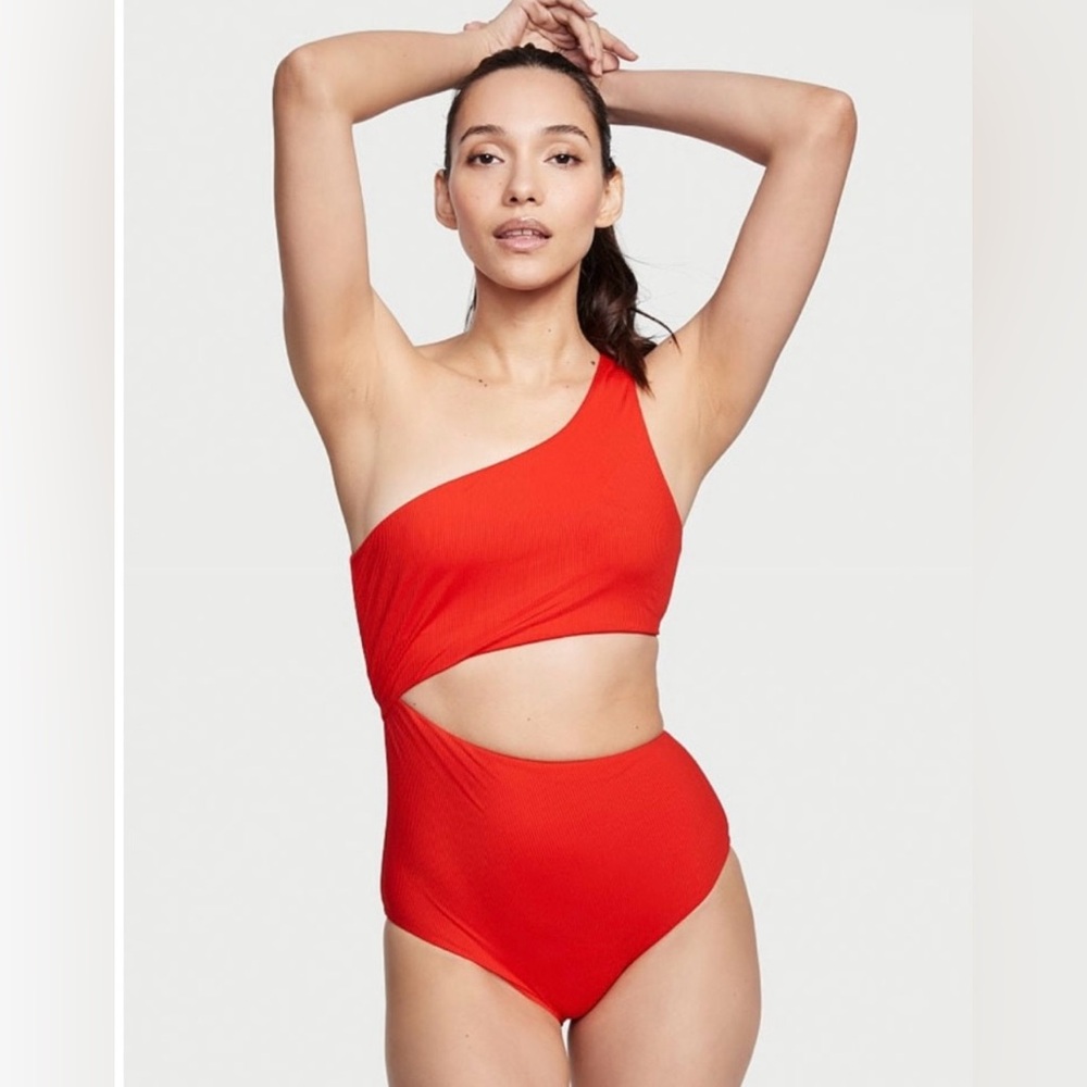 Victorias Secret Flame Ribbed Red One Shoulder Swimsuit